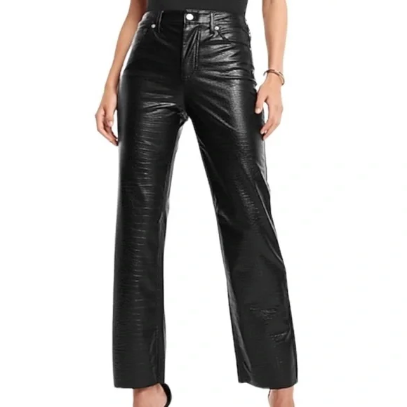 Express Croc-Embossed Faux Leather High-Rise Straight-Leg Pants 2 Office… - Picture 2 of 9